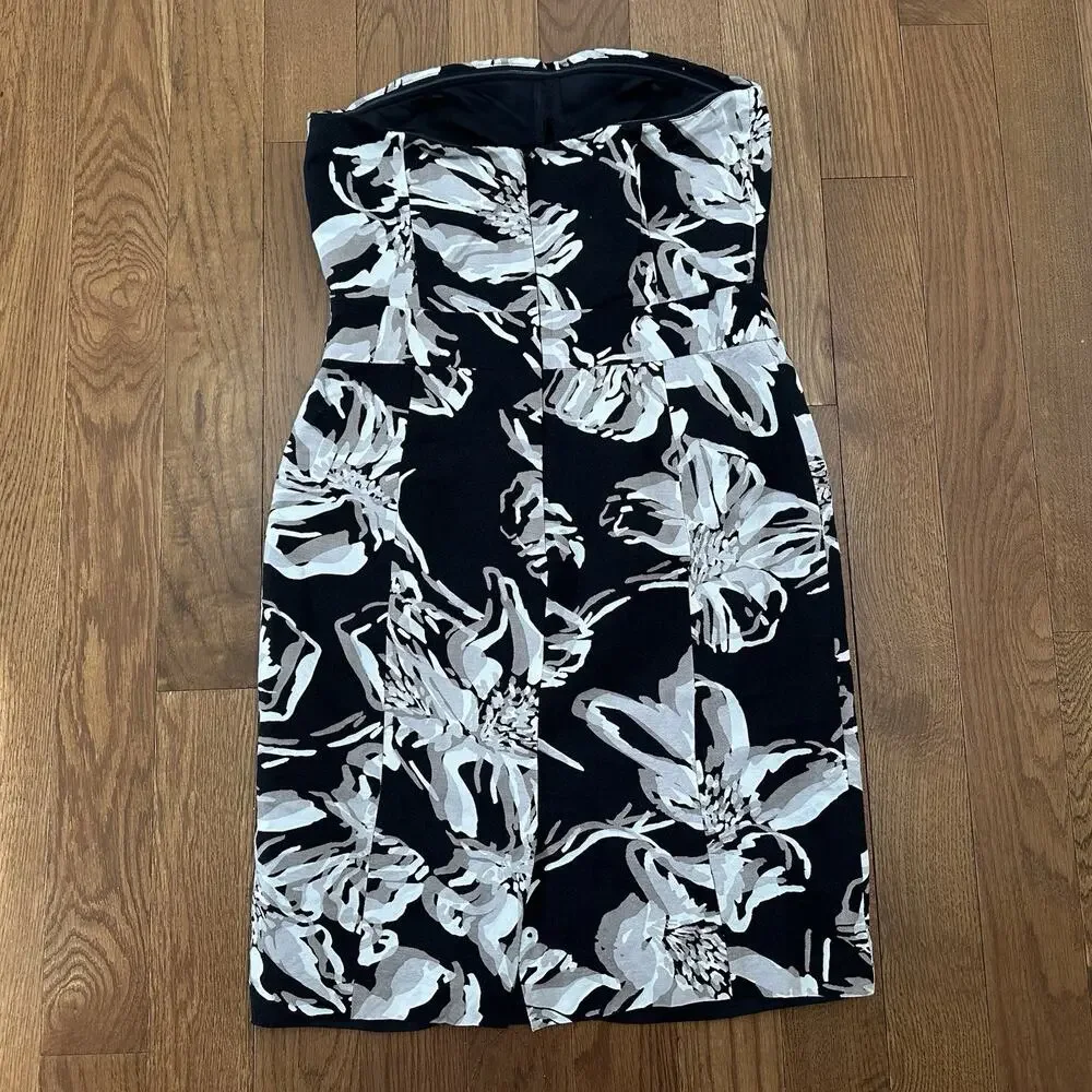 Banana Republic Dress Womens Sz 8 Black Beige Floral‎ Linen Sheath Strapless